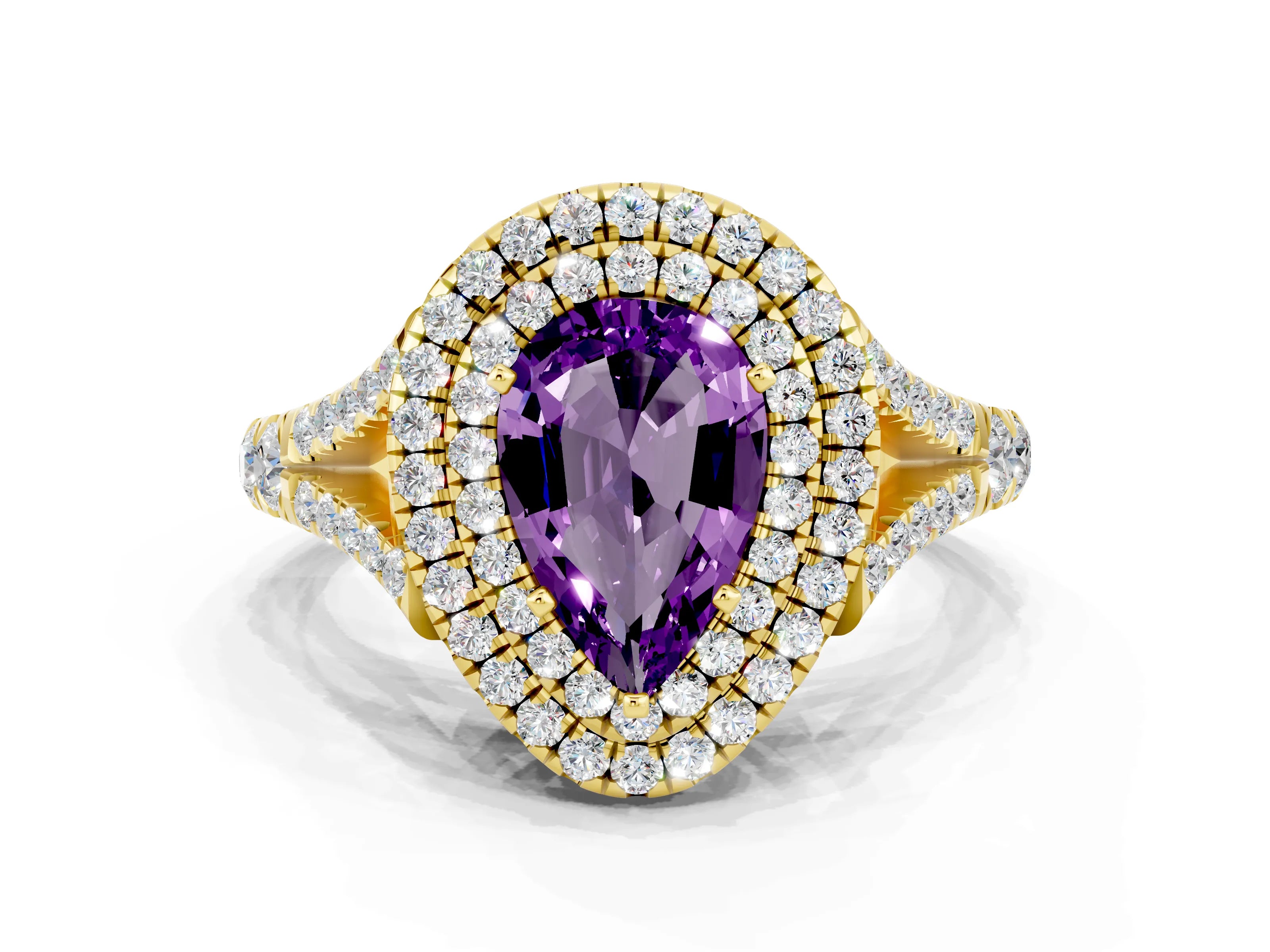 Yellow gold Pear Cut Amethyst Double Halo Ring with Split Shank and Prong Setting_12