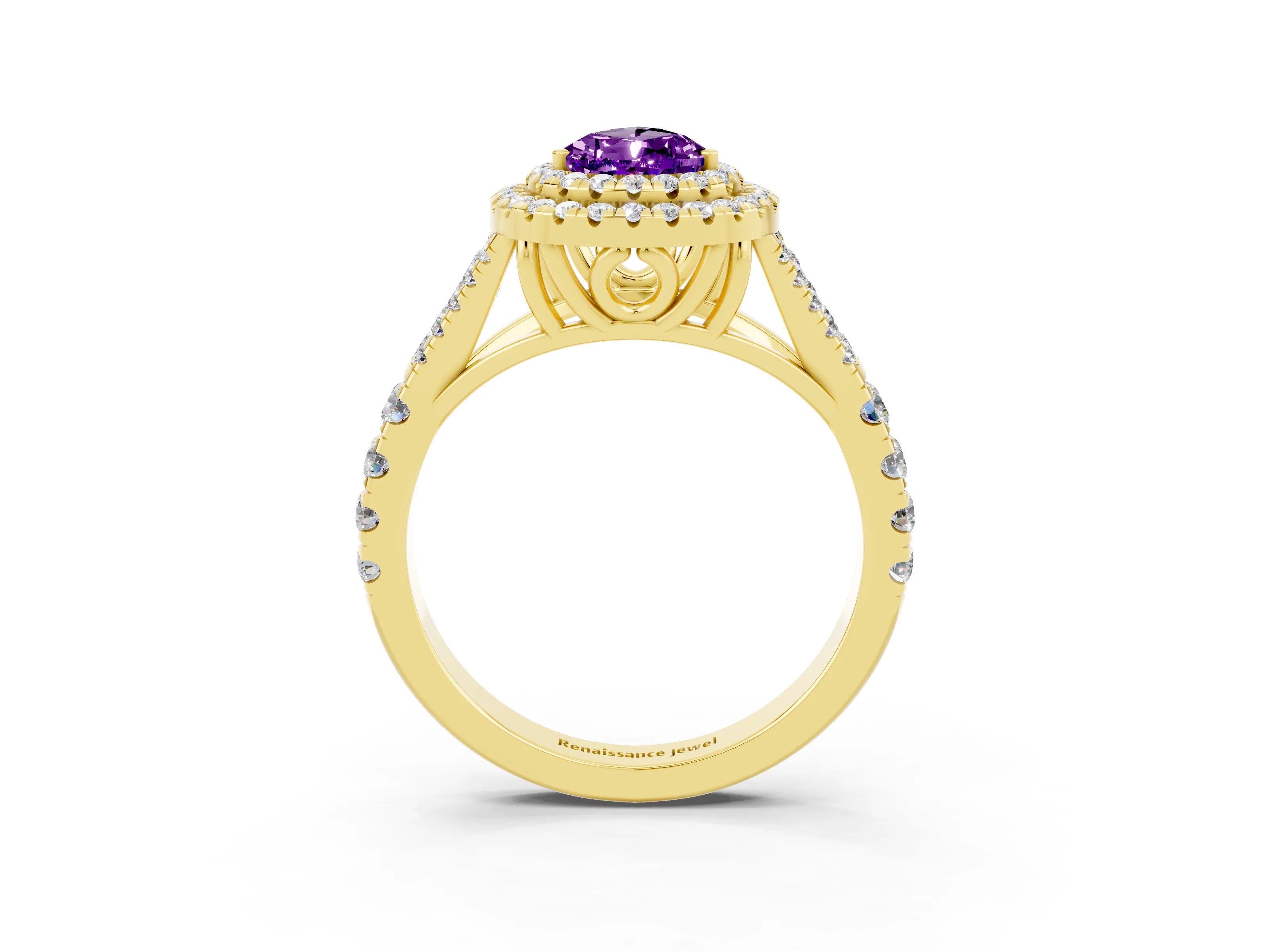 Yellow gold Pear Cut Amethyst Double Halo Ring with Split Shank and Prong Setting_15
