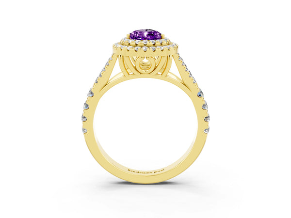 Yellow gold Pear Cut Amethyst Double Halo Ring with Split Shank and Prong Setting