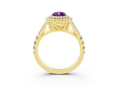 Yellow gold Pear Cut Amethyst Double Halo Ring with Split Shank and Prong Setting_15