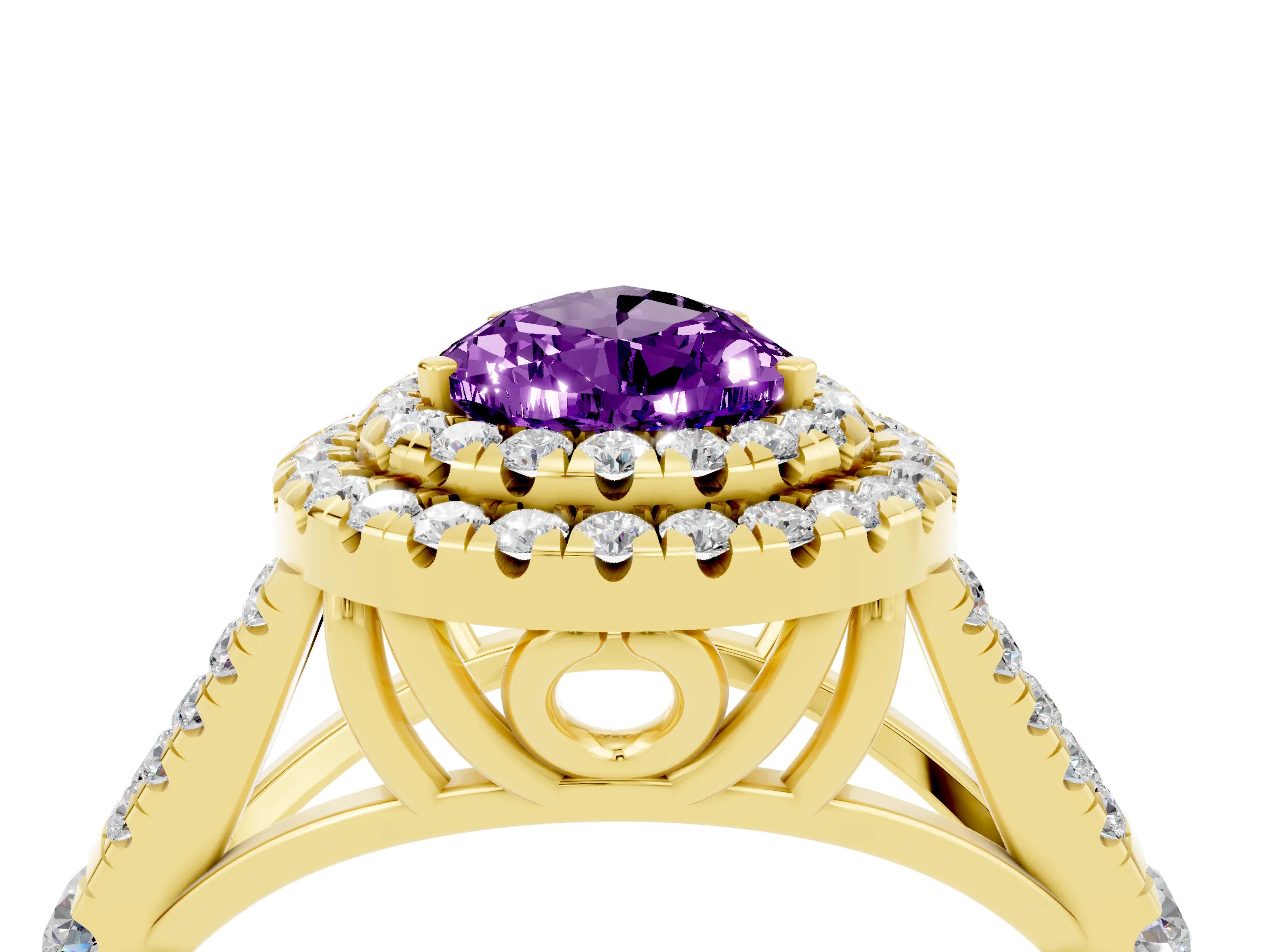 Yellow gold Pear Cut Amethyst Double Halo Ring with Split Shank and Prong Setting_16