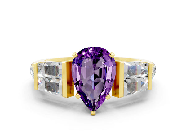 Yellow gold Pear Cut Amethyst Engagement Ring with Baguette Side Stones and Channel Set Band
