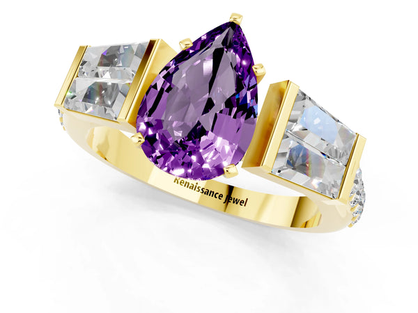 Yellow gold Pear Cut Amethyst Engagement Ring with Baguette Side Stones and Channel Set Band