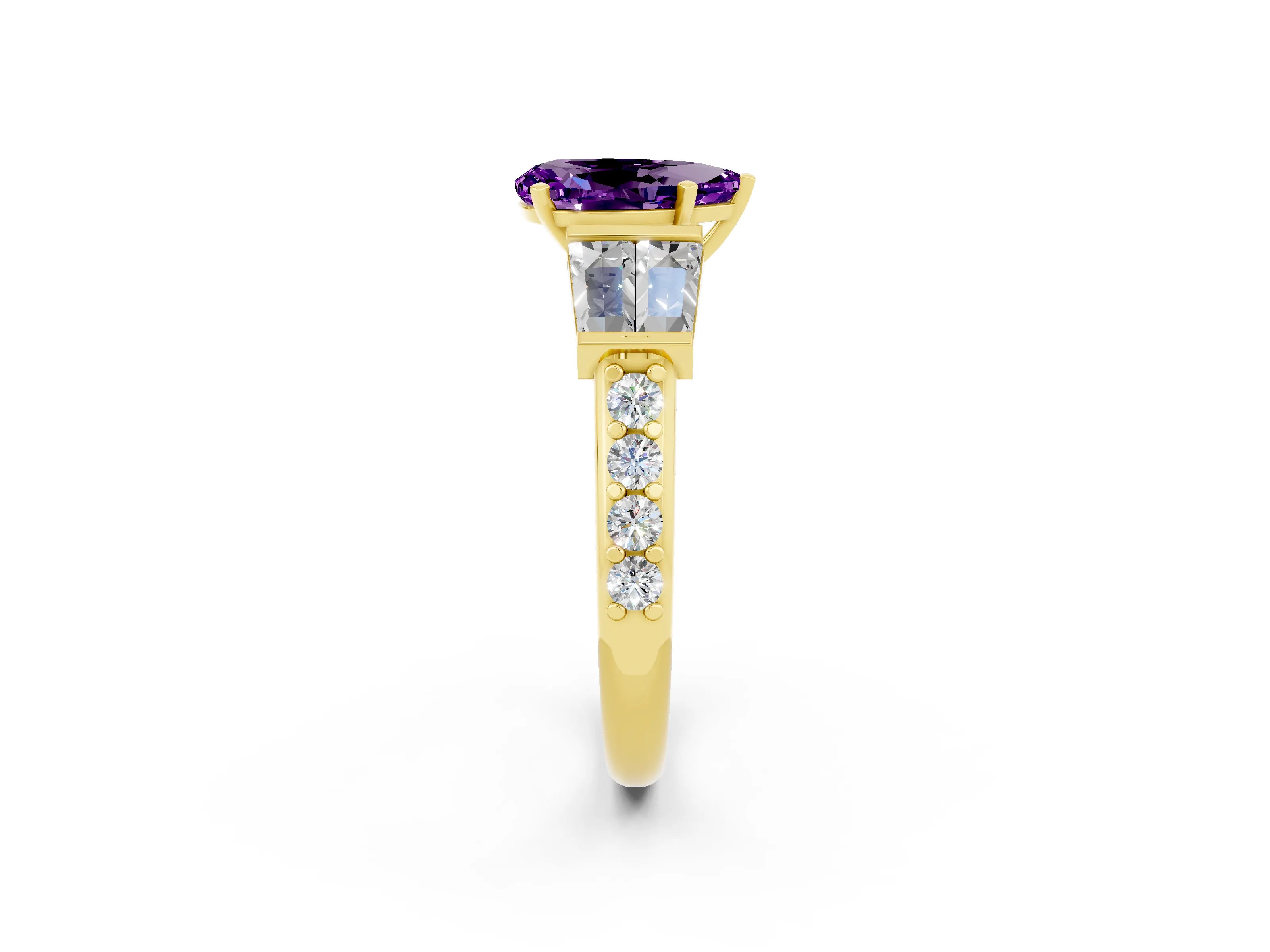 Yellow gold Pear Cut Amethyst Engagement Ring with Baguette Side Stones and Channel Set Band_2