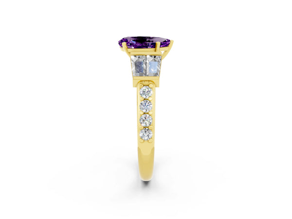 Yellow gold Pear Cut Amethyst Engagement Ring with Baguette Side Stones and Channel Set Band