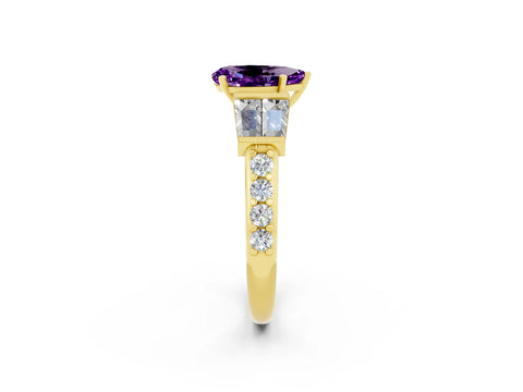Yellow gold Pear Cut Amethyst Engagement Ring with Baguette Side Stones and Channel Set Band_2
