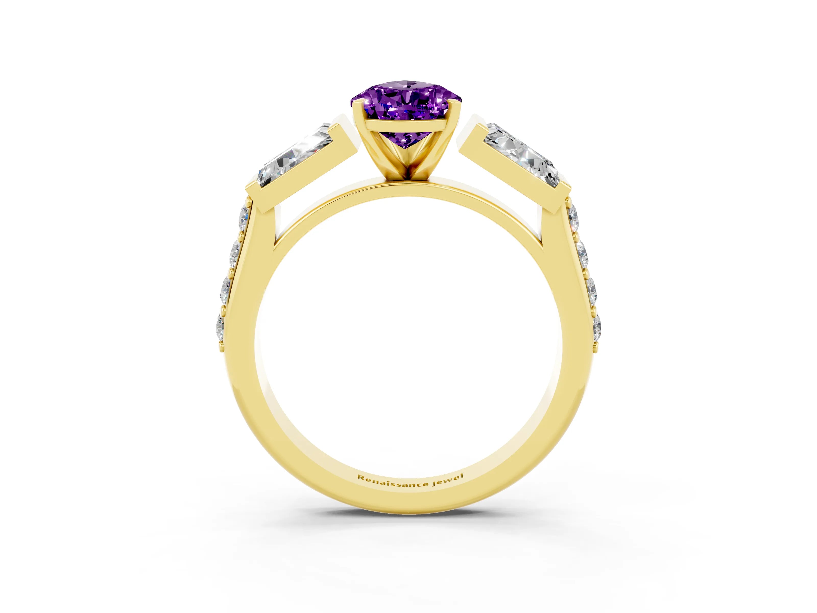 Yellow gold Pear Cut Amethyst Engagement Ring with Baguette Side Stones and Channel Set Band_3