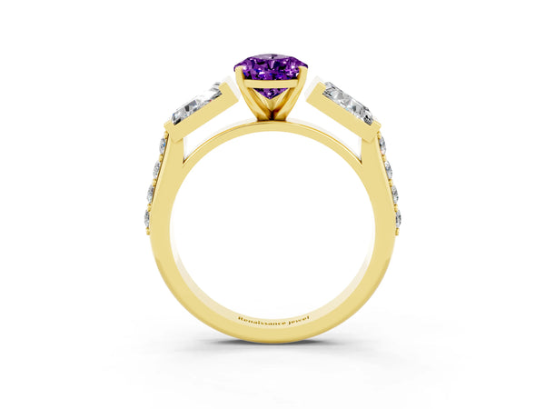 Yellow gold Pear Cut Amethyst Engagement Ring with Baguette Side Stones and Channel Set Band