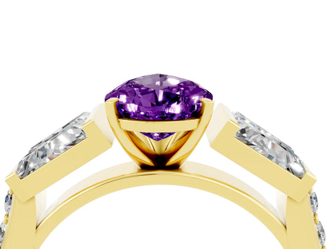 Yellow gold Pear Cut Amethyst Engagement Ring with Baguette Side Stones and Channel Set Band_4