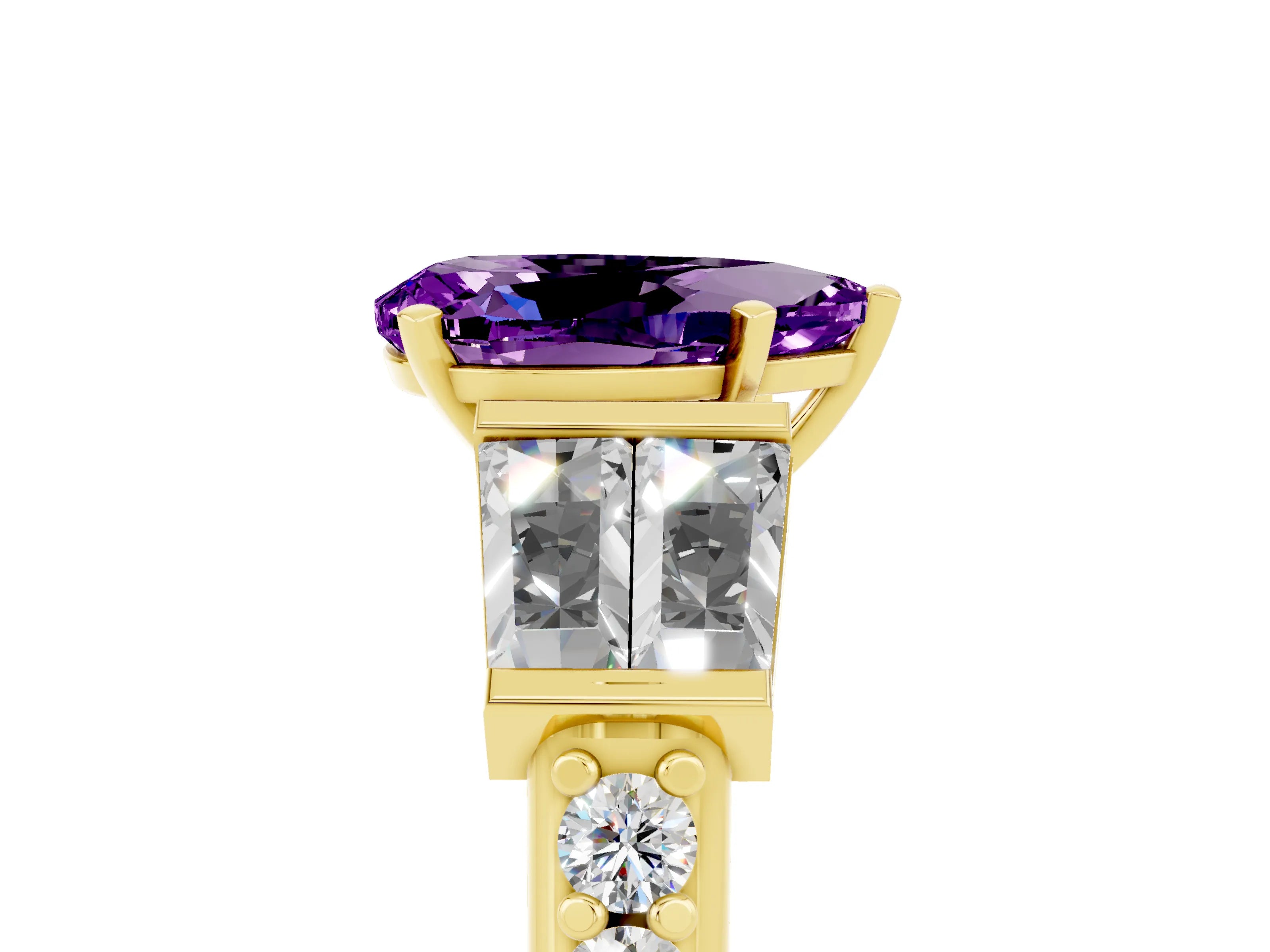 Yellow gold Pear Cut Amethyst Engagement Ring with Baguette Side Stones and Channel Set Band_5