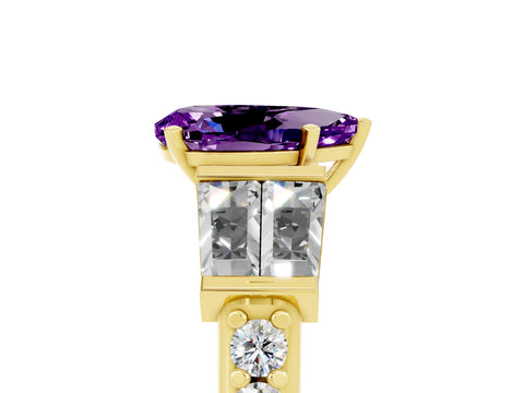 Yellow gold Pear Cut Amethyst Engagement Ring with Baguette Side Stones and Channel Set Band_5