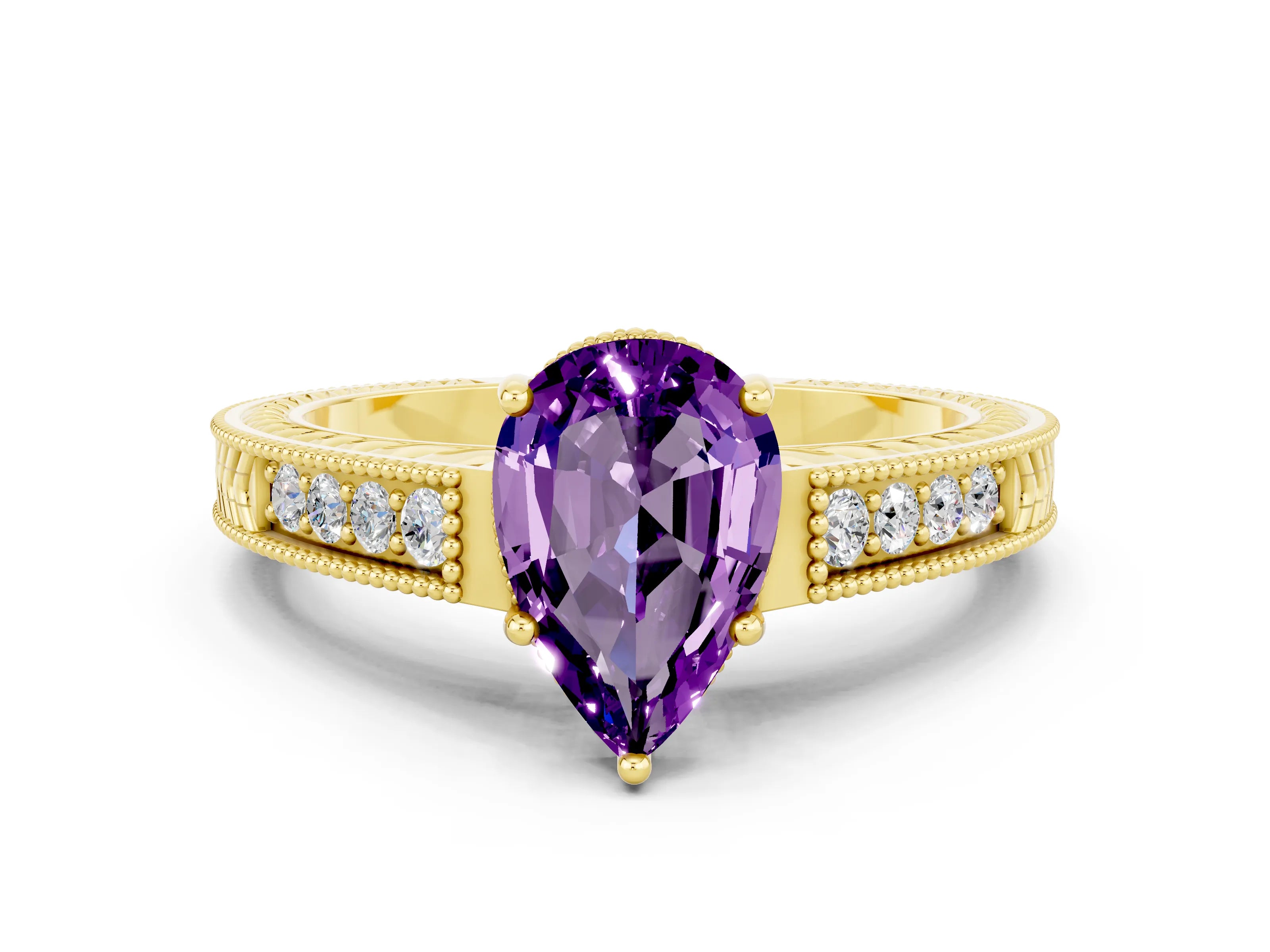 Yellow gold Pear Cut Amethyst Engagement Ring with Milgrain Channel Set Band and Prong Setting