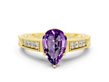 Yellow gold Pear Cut Amethyst Engagement Ring with Milgrain Channel Set Band and Prong Setting