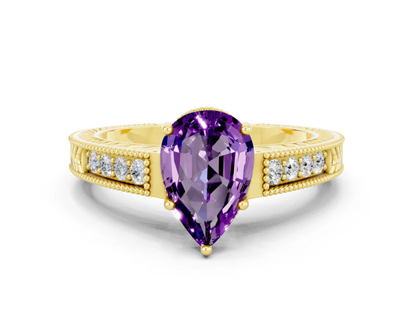 Yellow gold Pear Cut Amethyst Engagement Ring with Milgrain Channel Set Band and Prong Setting
