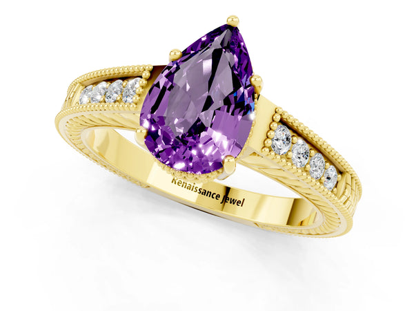 Yellow gold Pear Cut Amethyst Engagement Ring with Milgrain Channel Set Band and Prong Setting