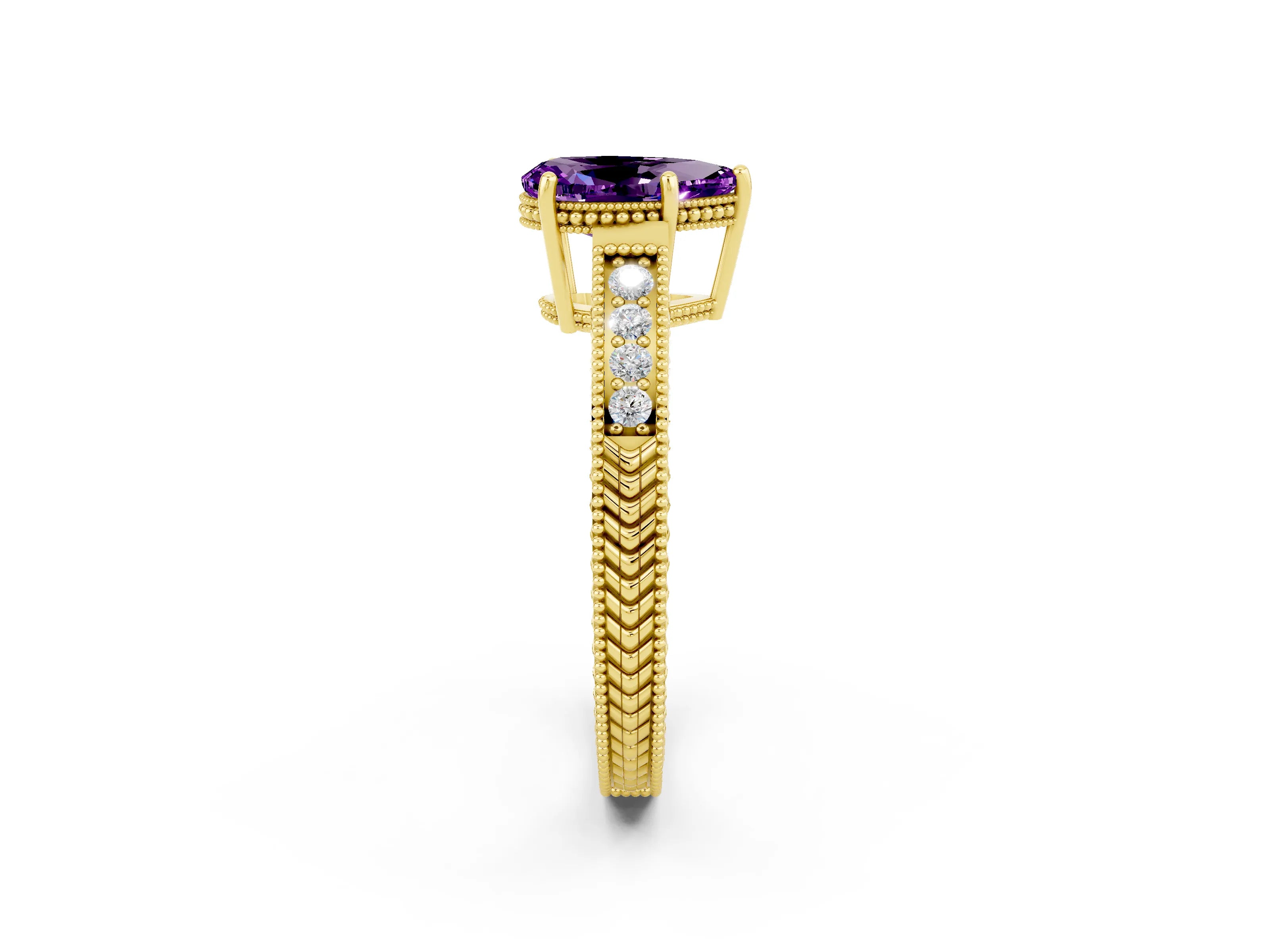 Yellow gold Pear Cut Amethyst Engagement Ring with Milgrain Channel Set Band and Prong Setting_2