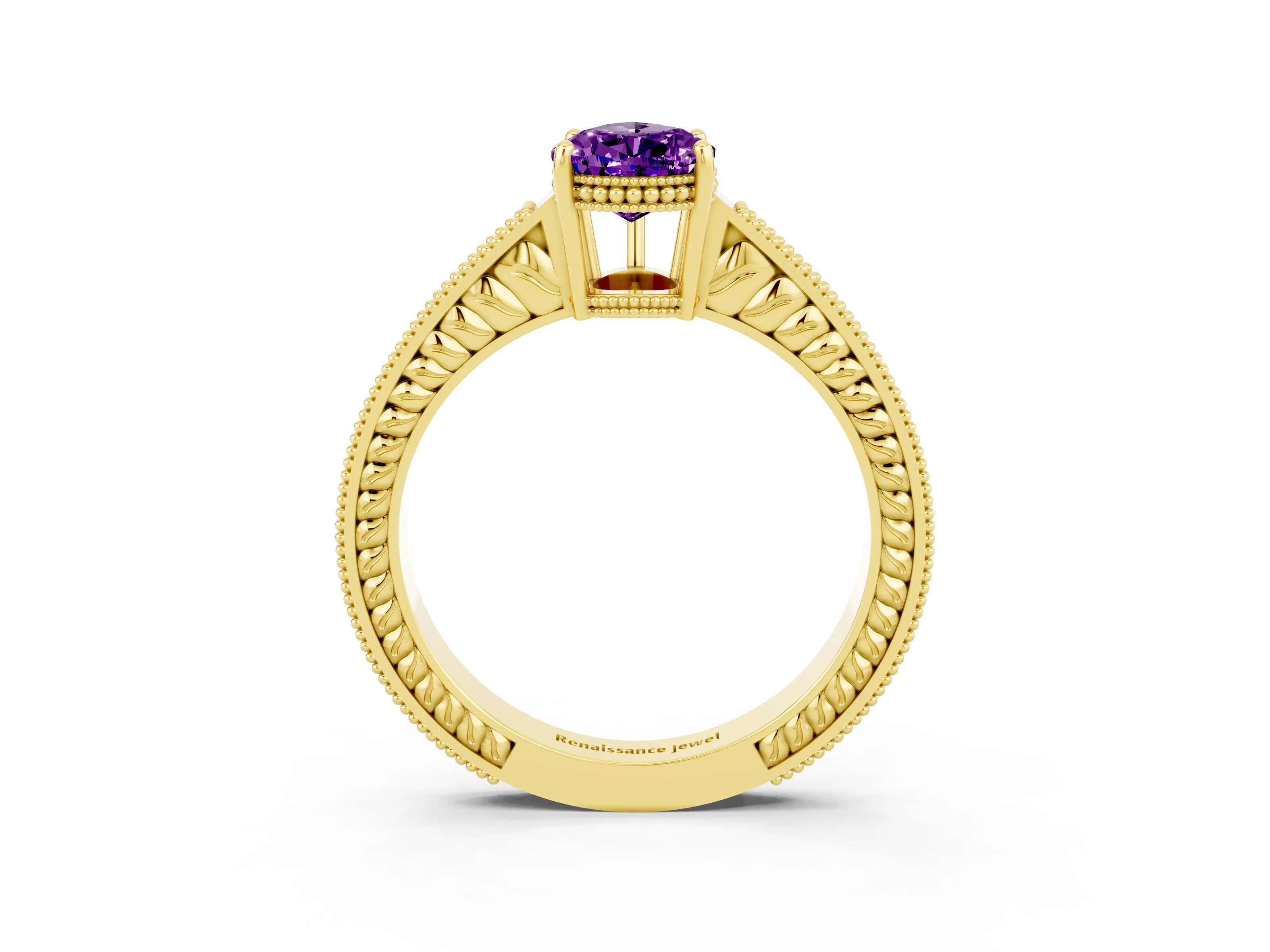 Yellow gold Pear Cut Amethyst Engagement Ring with Milgrain Channel Set Band and Prong Setting_3