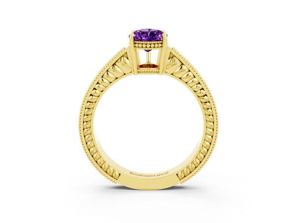 Yellow gold Pear Cut Amethyst Engagement Ring with Milgrain Channel Set Band and Prong Setting