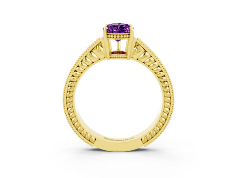 Yellow gold Pear Cut Amethyst Engagement Ring with Milgrain Channel Set Band and Prong Setting_3