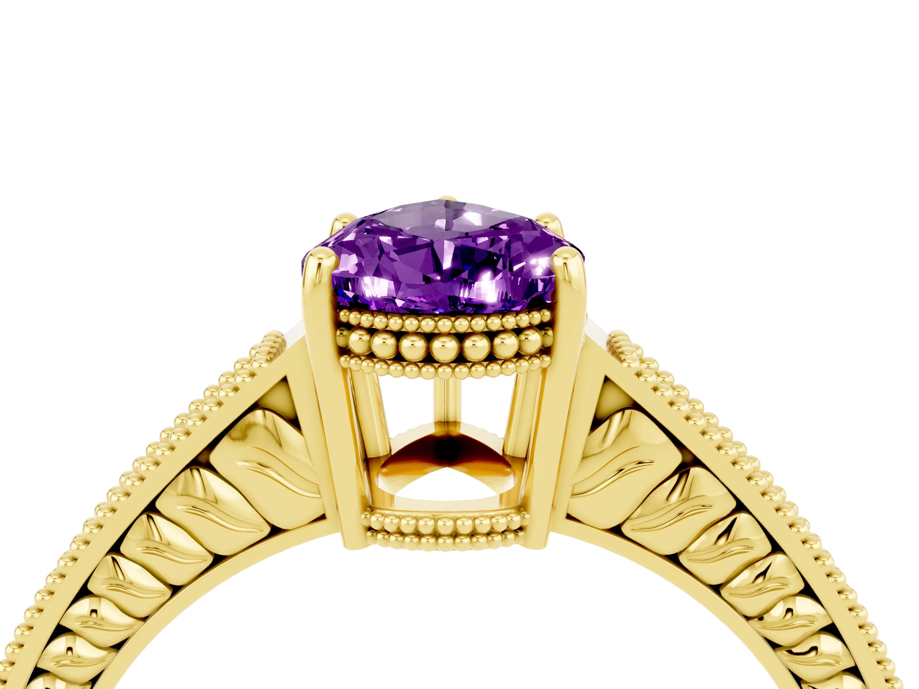 Yellow gold Pear Cut Amethyst Engagement Ring with Milgrain Channel Set Band and Prong Setting_4