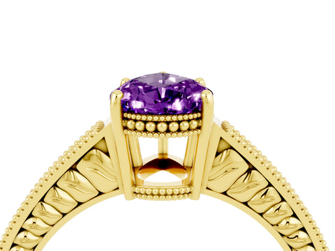 Yellow gold Pear Cut Amethyst Engagement Ring with Milgrain Channel Set Band and Prong Setting_4