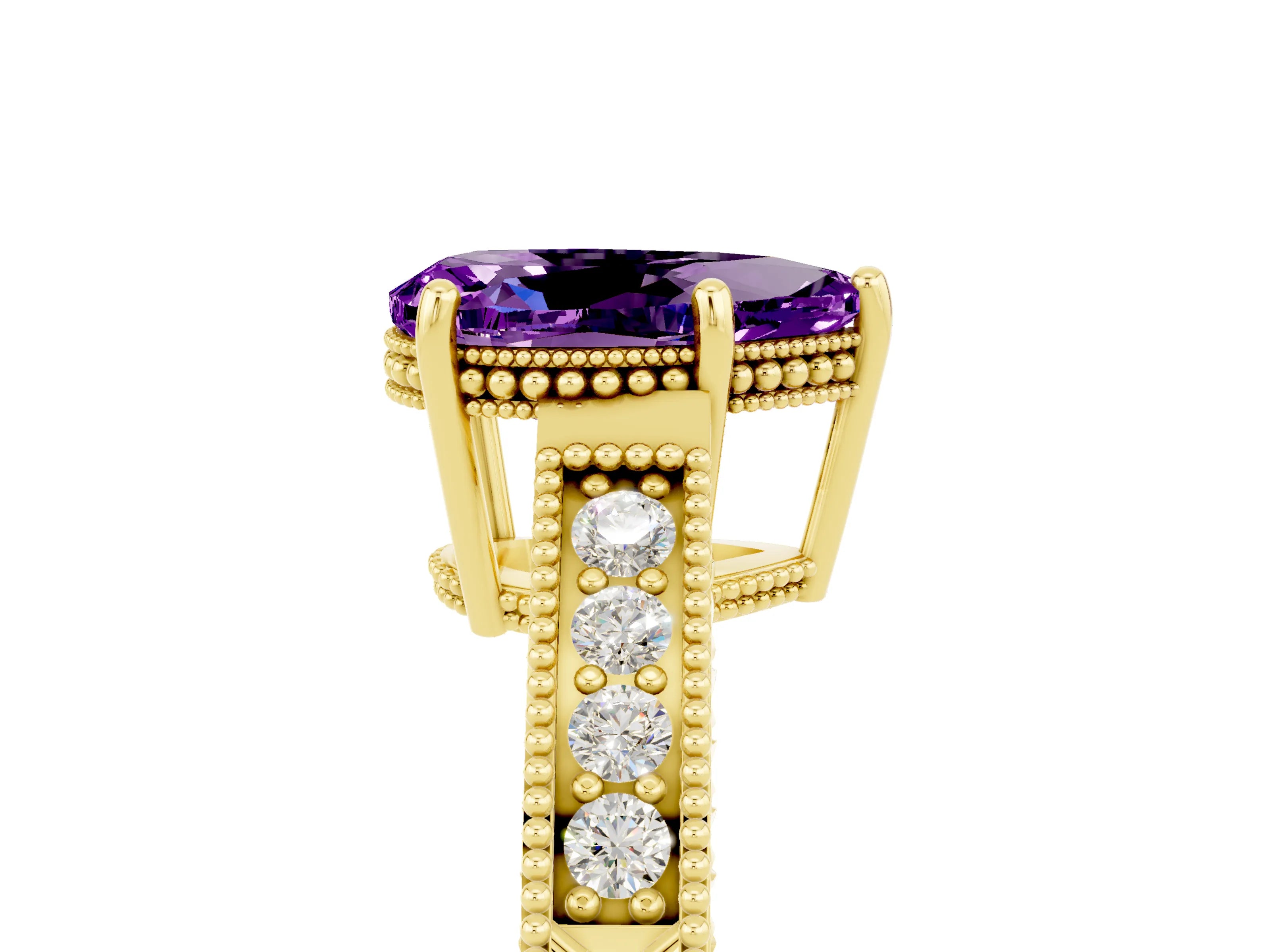 Yellow gold Pear Cut Amethyst Engagement Ring with Milgrain Channel Set Band and Prong Setting_5
