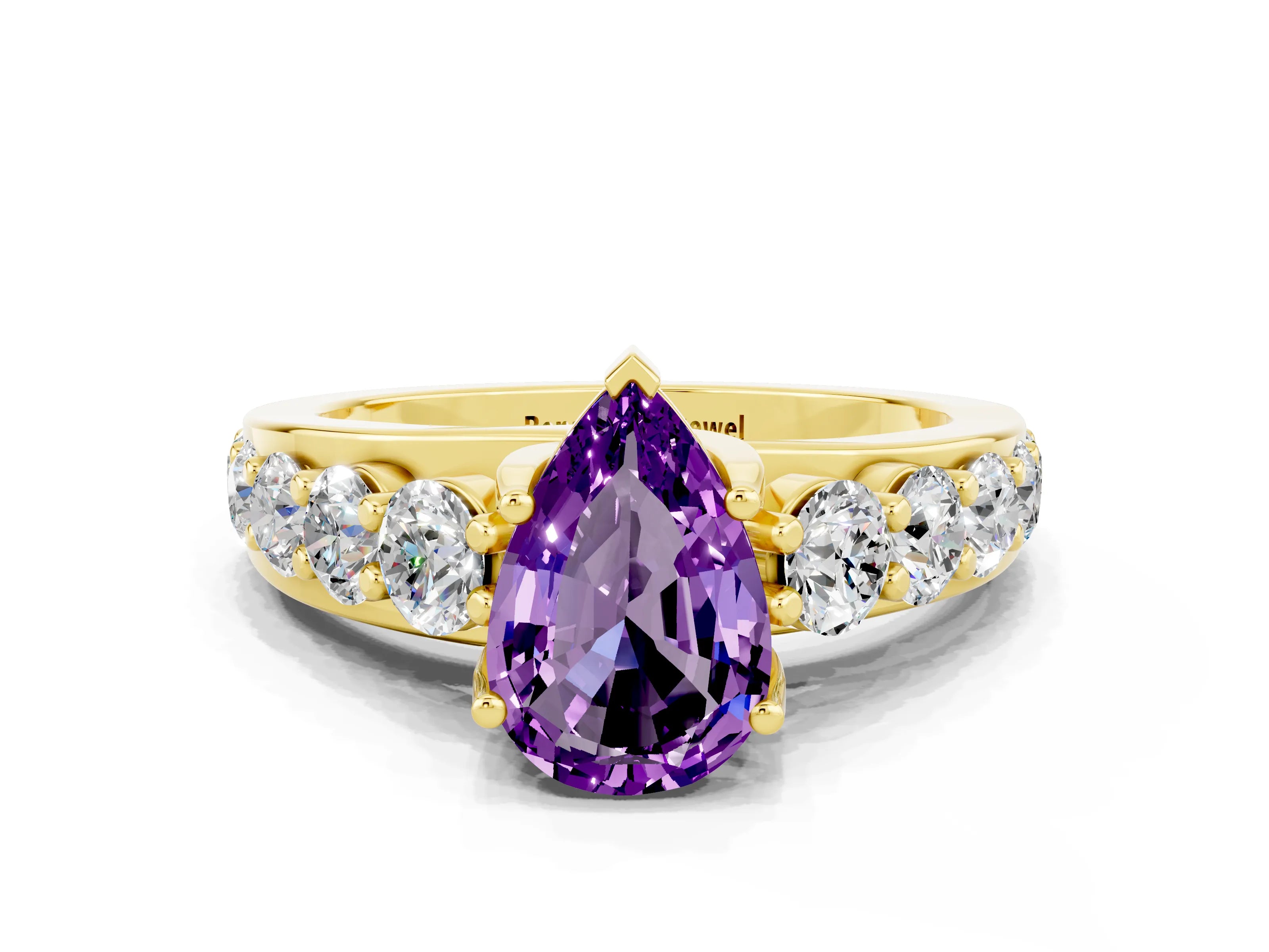 Yellow gold Pear Cut Amethyst Engagement Ring with Pavé Band and Four-Prong Setting