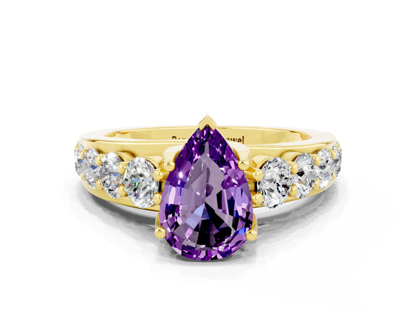 Yellow gold Pear Cut Amethyst Engagement Ring with Pavé Band and Four-Prong Setting