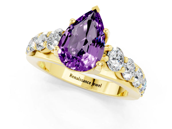 Yellow gold Pear Cut Amethyst Engagement Ring with Pavé Band and Four-Prong Setting
