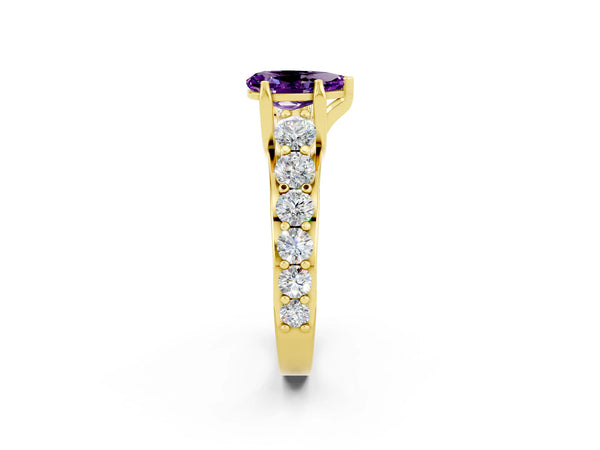 Yellow gold Pear Cut Amethyst Engagement Ring with Pavé Band and Four-Prong Setting