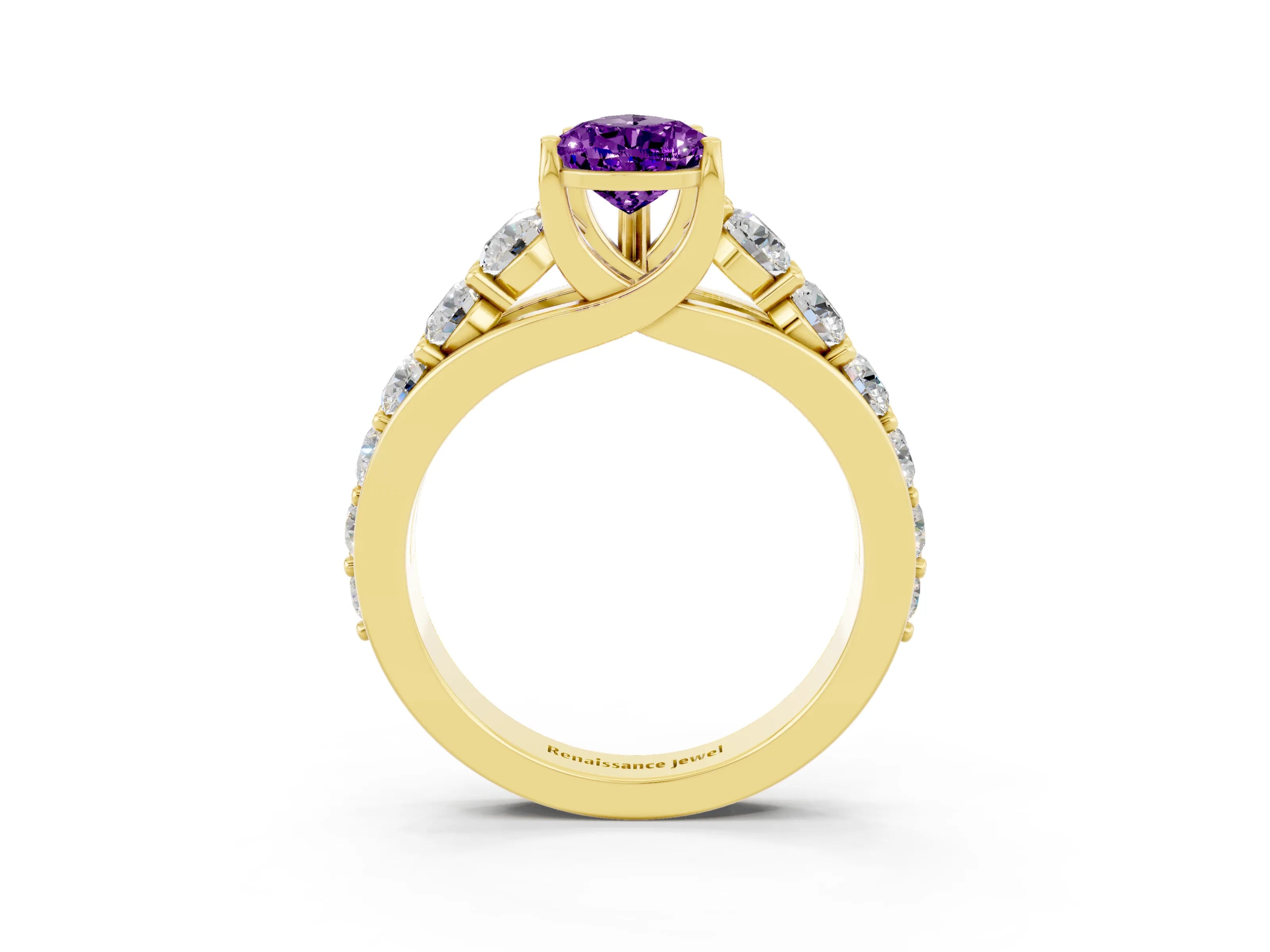 Yellow gold Pear Cut Amethyst Engagement Ring with Pavé Band and Four-Prong Setting_3