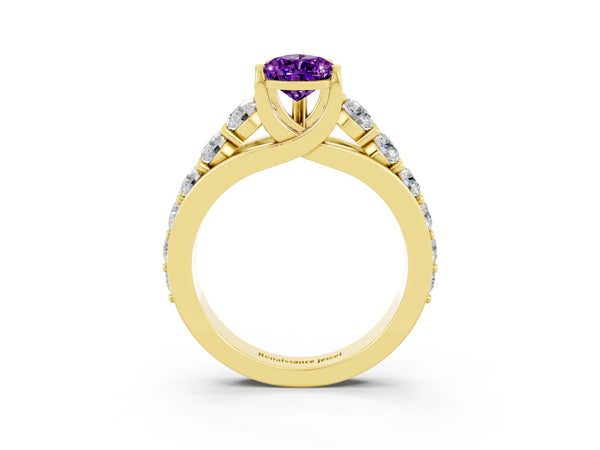 Yellow gold Pear Cut Amethyst Engagement Ring with Pavé Band and Four-Prong Setting