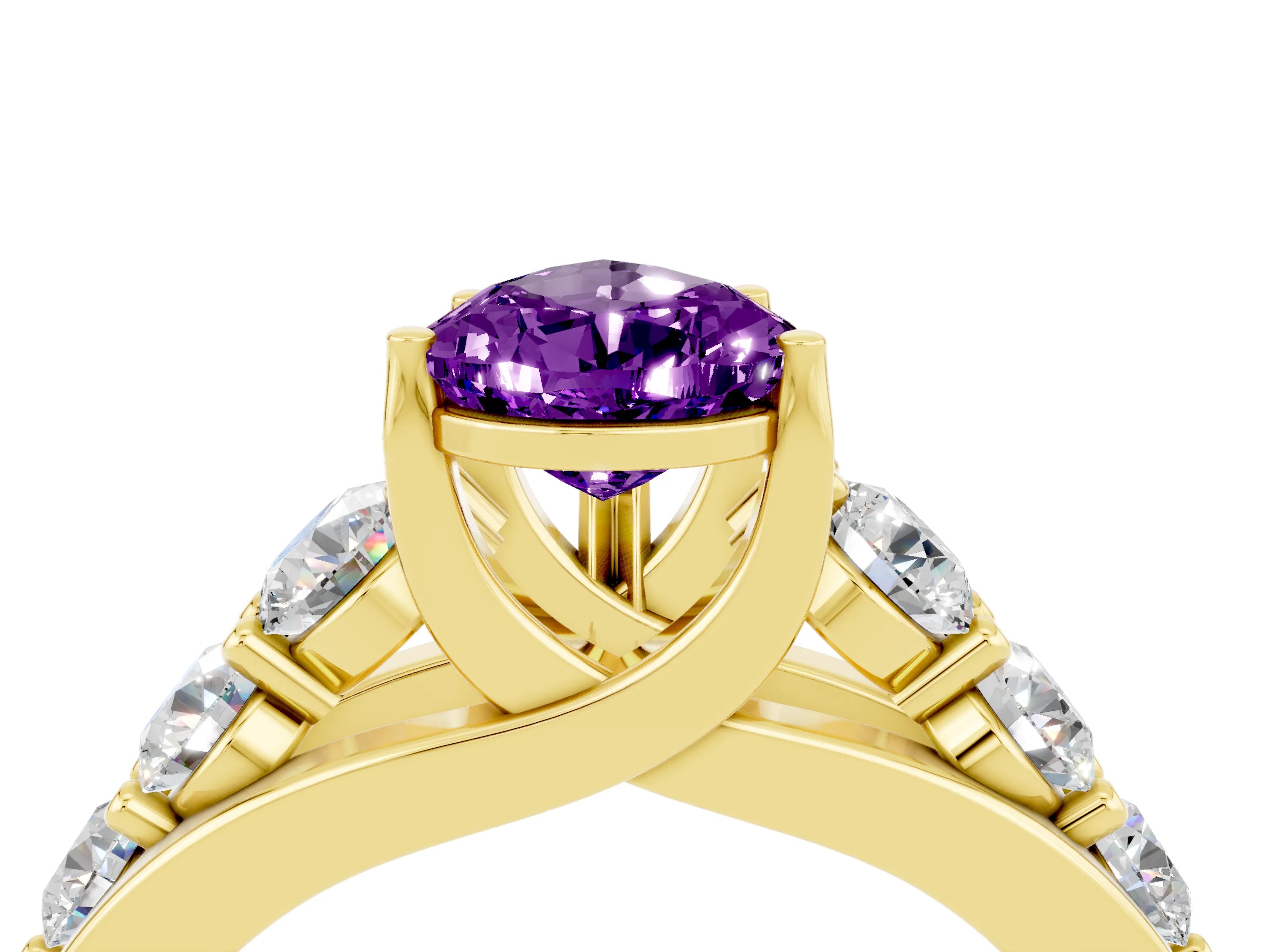 Yellow gold Pear Cut Amethyst Engagement Ring with Pavé Band and Four-Prong Setting_4