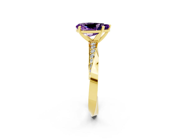 Yellow gold Pear Cut Amethyst Engagement Ring with Side Stone Accents and Four-Prong Setting