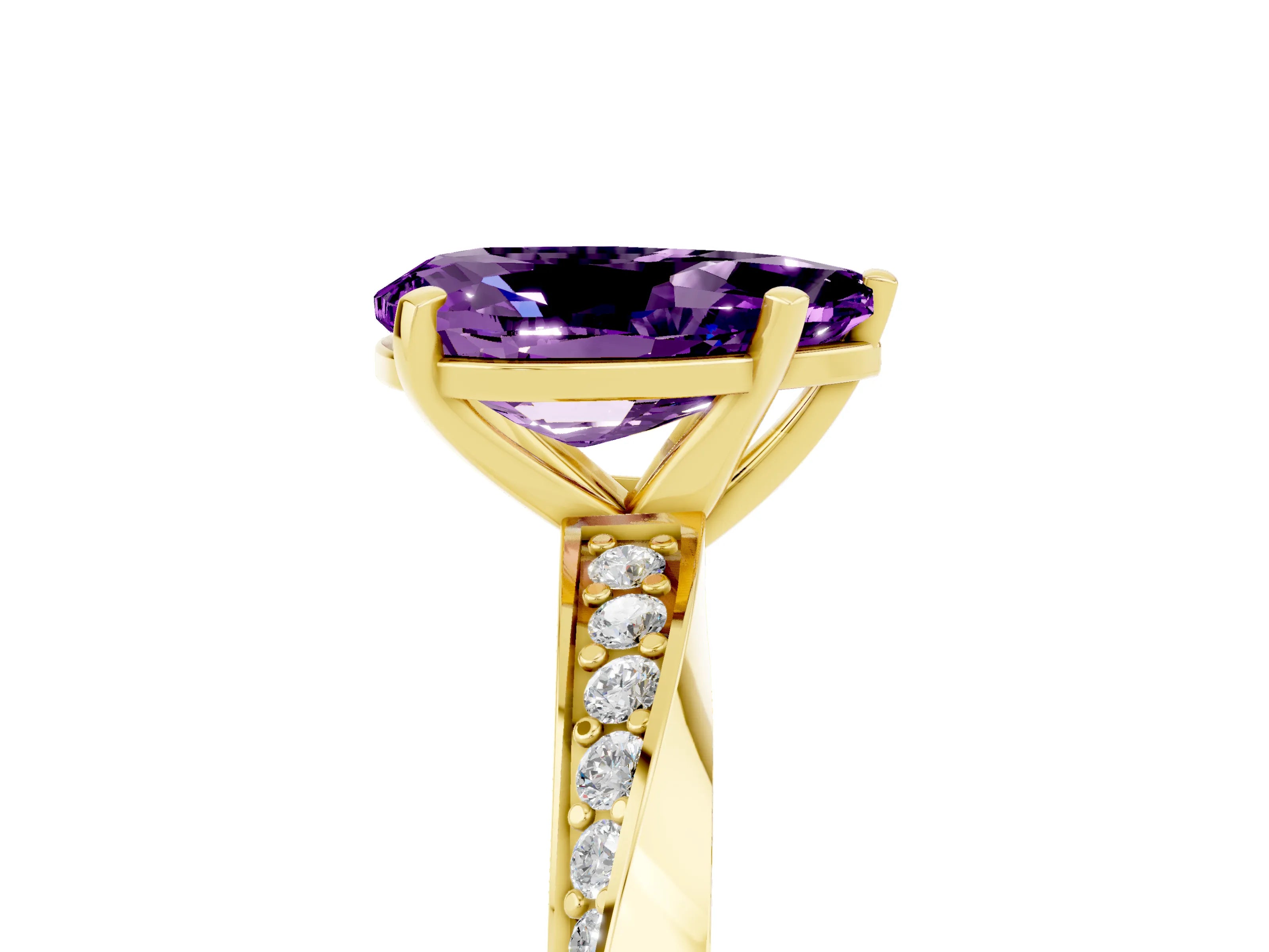 Yellow gold Pear Cut Amethyst Engagement Ring with Side Stone Accents and Four-Prong Setting_32