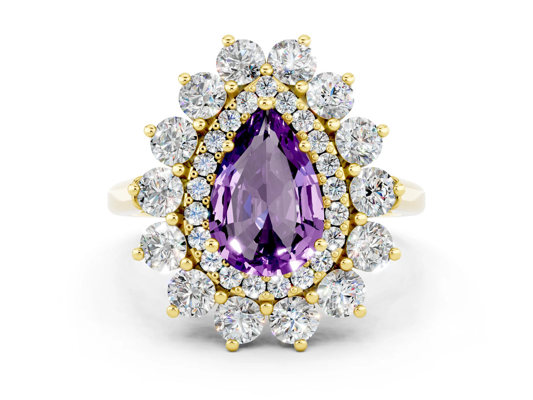 Yellow gold Pear Cut Amethyst Floral Double Halo Engagement Ring with Prong Setting_60