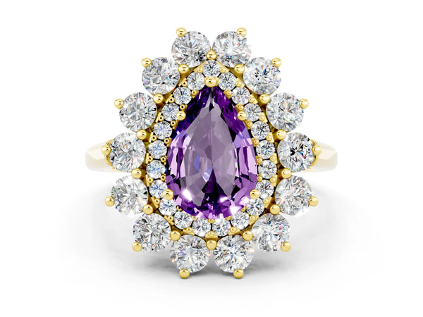 Yellow gold Pear Cut Amethyst Floral Double Halo Engagement Ring with Prong Setting