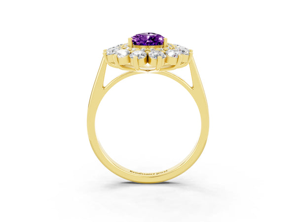 Yellow gold Pear Cut Amethyst Floral Double Halo Engagement Ring with Prong Setting