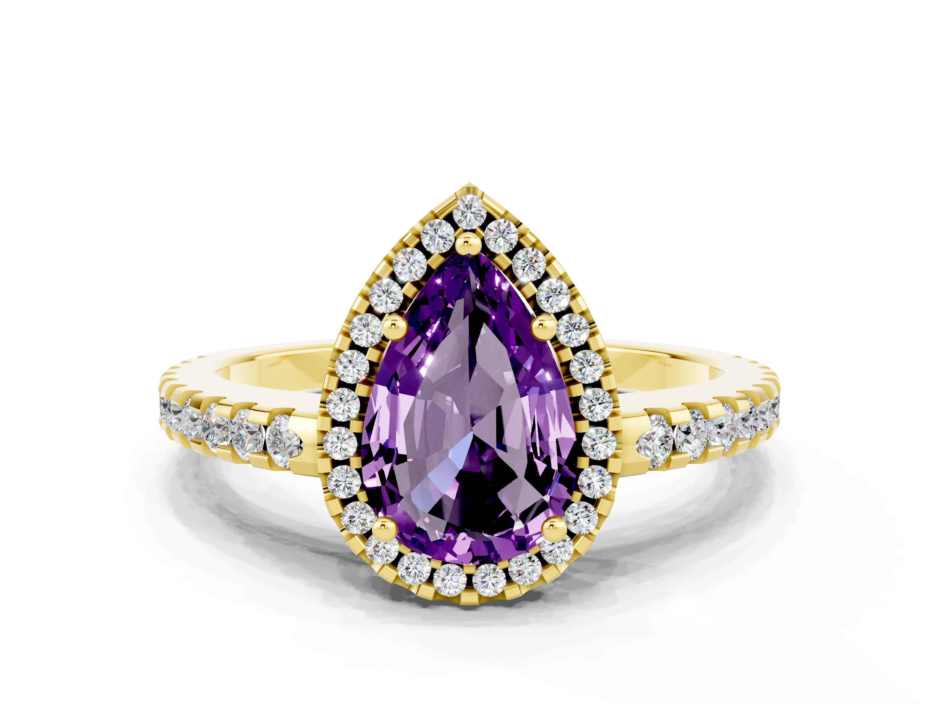 Yellow gold Pear Cut Amethyst Halo Engagement Ring with Pavé Band and Prong Setting_12