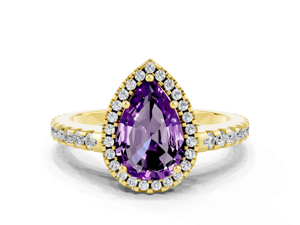 Yellow gold Pear Cut Amethyst Halo Engagement Ring with Pavé Band and Prong Setting