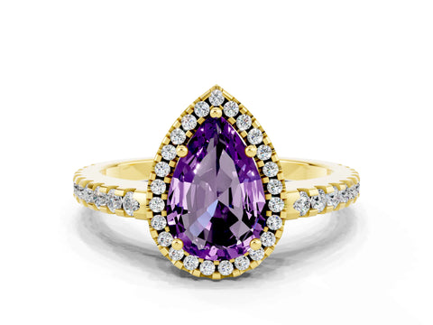 Yellow gold Pear Cut Amethyst Halo Engagement Ring with Pavé Band and Prong Setting_12