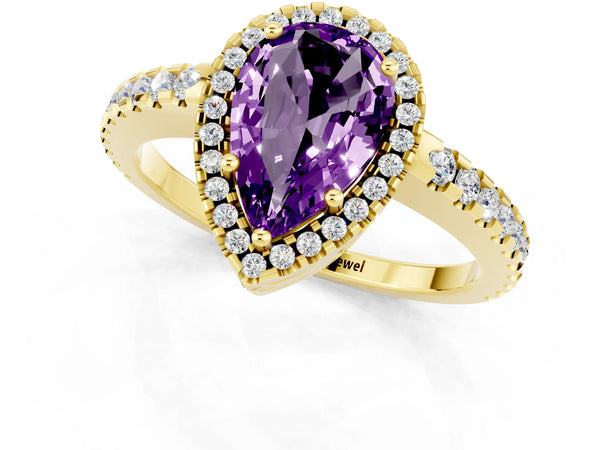 Yellow gold Pear Cut Amethyst Halo Engagement Ring with Pavé Band and Prong Setting