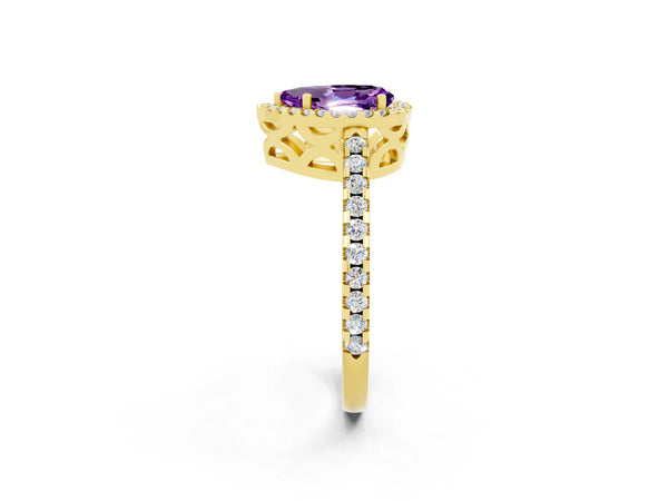 Yellow gold Pear Cut Amethyst Halo Engagement Ring with Pavé Band and Prong Setting