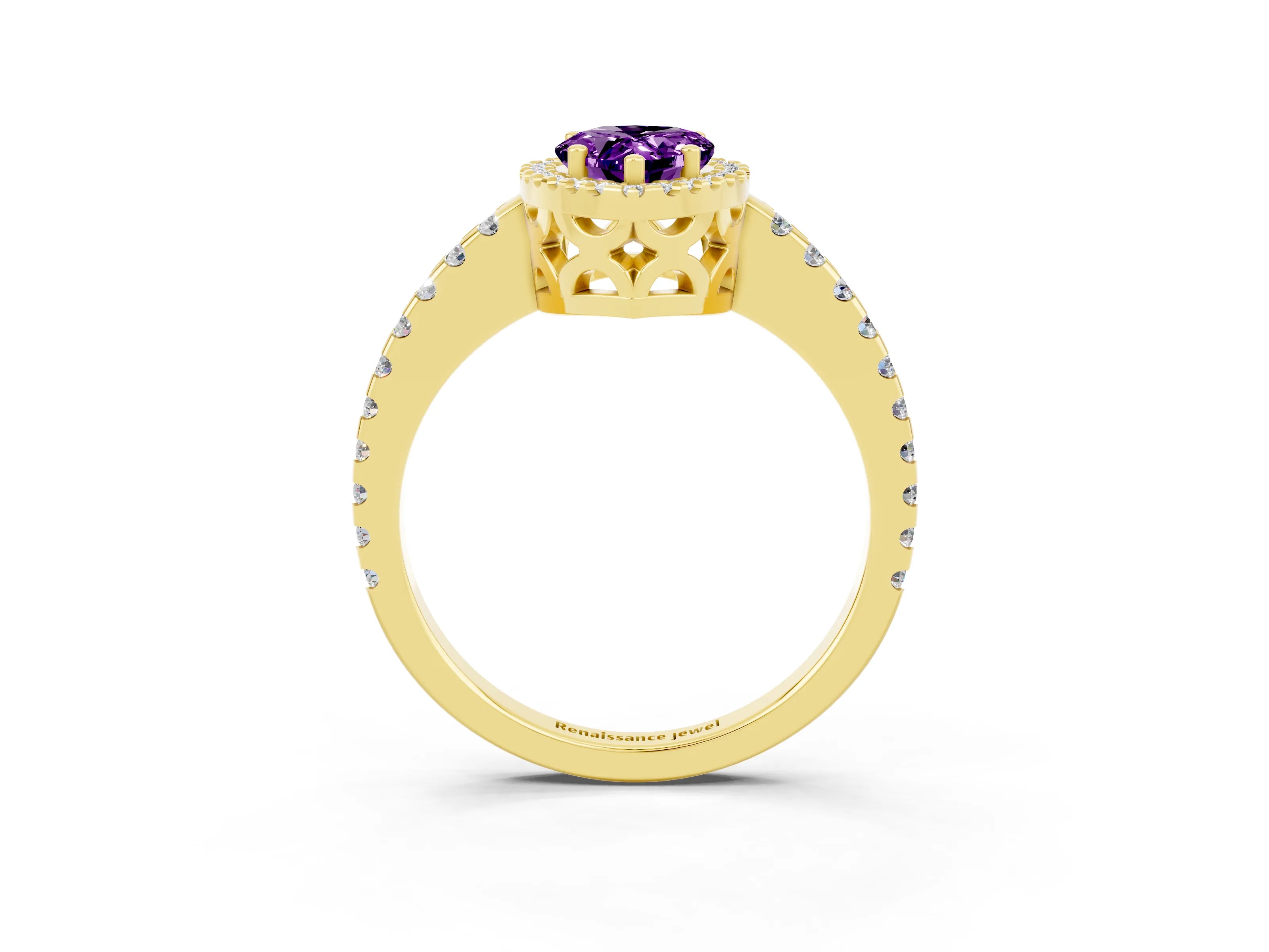 Yellow gold Pear Cut Amethyst Halo Engagement Ring with Pavé Band and Prong Setting_15