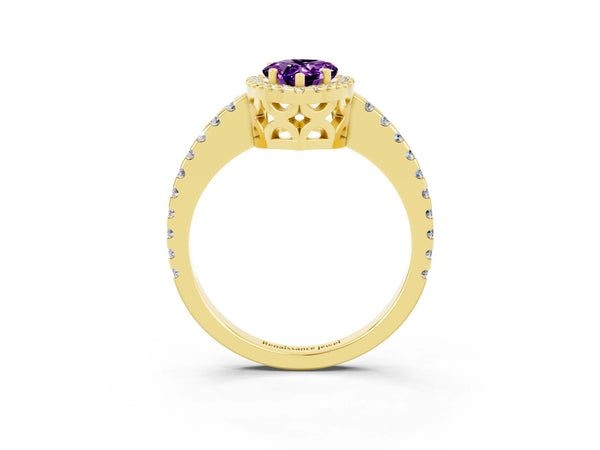 Yellow gold Pear Cut Amethyst Halo Engagement Ring with Pavé Band and Prong Setting