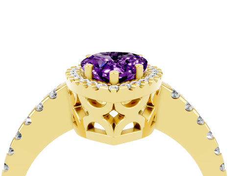 Yellow gold Pear Cut Amethyst Halo Engagement Ring with Pavé Band and Prong Setting_16