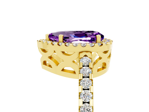 Yellow gold Pear Cut Amethyst Halo Engagement Ring with Pavé Band and Prong Setting_17
