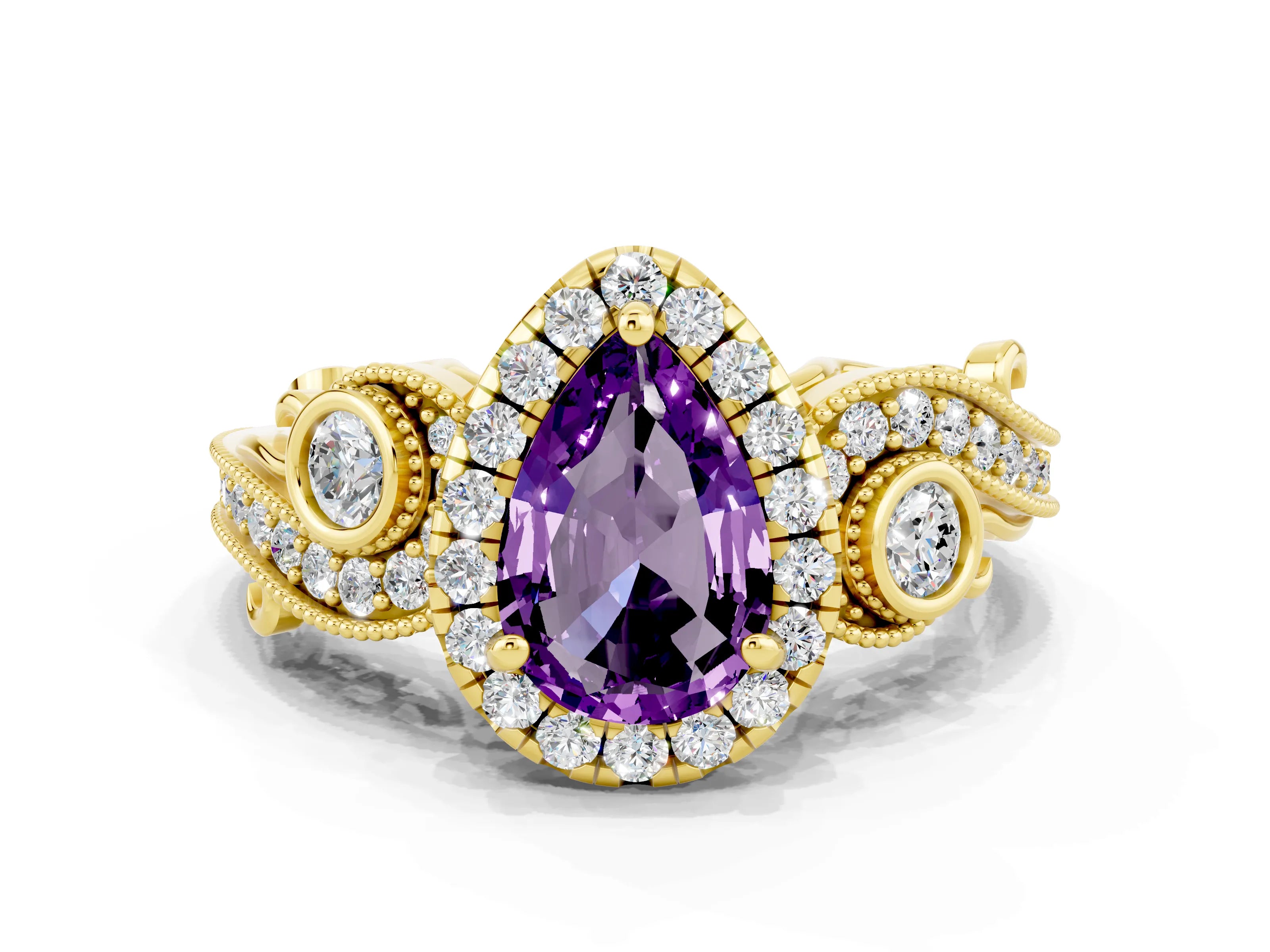 Yellow gold Pear Cut Amethyst Halo Ring with Milgrain Pavé Band and Four-Prong Setting_12