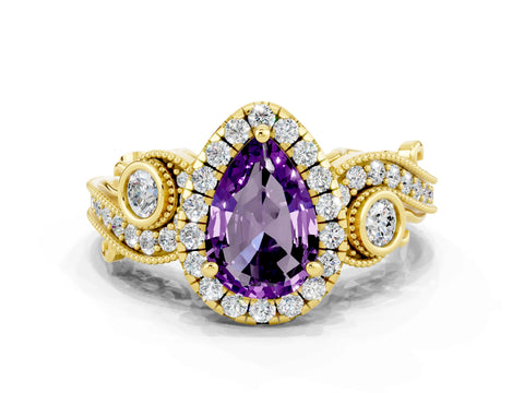 Yellow gold Pear Cut Amethyst Halo Ring with Milgrain Pavé Band and Four-Prong Setting_12