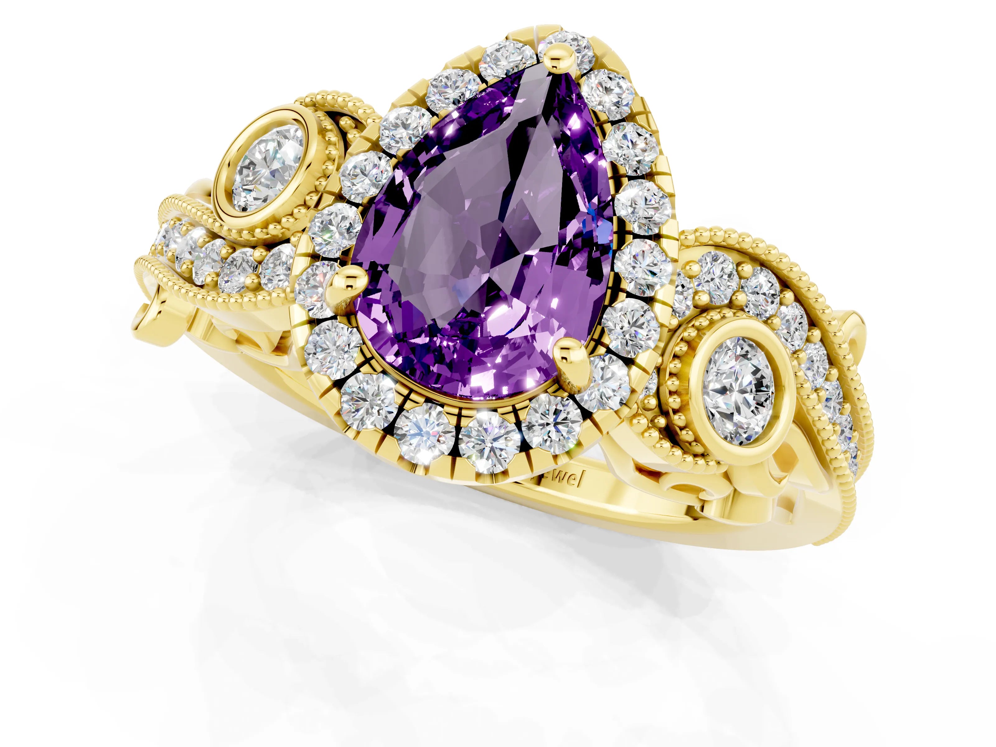 Yellow gold Pear Cut Amethyst Halo Ring with Milgrain Pavé Band and Four-Prong Setting_13